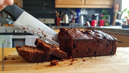 Rich Dark Fruitcake Being Sliced on a Wooden Cutting Board in a Home Kitchen