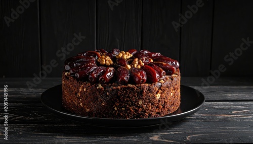 Rich Dark Fruitcake Topped with Plump Dates and Walnuts on a Black Plate