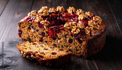 Rich Dark Fruitcake Generously Filled with Rum-Soaked Cranberries and Whole Walnuts, Partially Sliced on a Wooden Surface