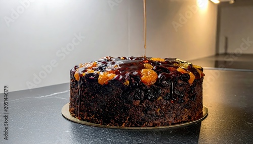 Rich dark fruitcake generously glazed with rum syrup showcasing a dense mosaic of dried fruits and citrus peel