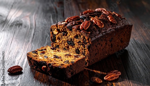 Rich Dark Fruitcake Generously Filled with Rum-Soaked Raisins and Whole Pecans on a Rustic Wooden Surface