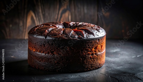 Rich dark fruitcake with a deeply baked appearance, showcasing its dense texture and traditional holiday appeal.