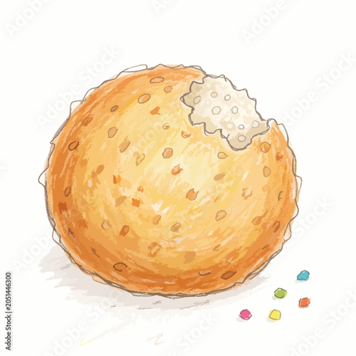 Hand drawn illustration of a single round cookie with a bite taken out.