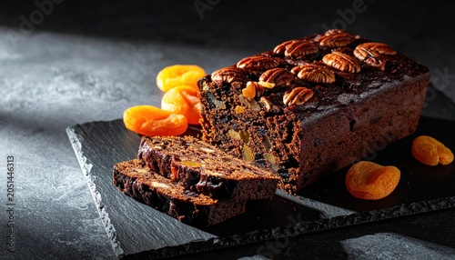 Rich Dark Fruitcake Generously Studded With Dates Apricots and Pecans on a Dark Slate