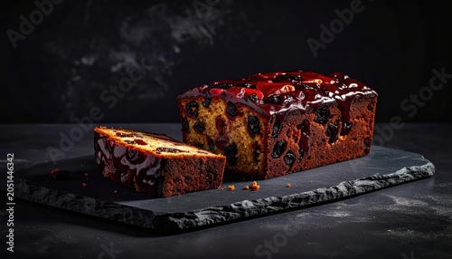 Rich dark fruitcake with a glossy glaze sliced on a slate board