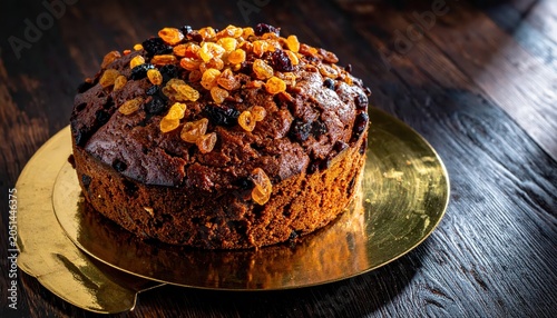 Rich dark fruitcake generously topped with candied peel and sultanas on a golden plate