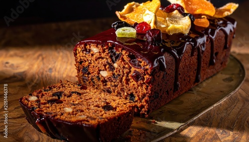 Rich Dark Fruitcake with a Glossy Liquor Glaze and Festive Toppings