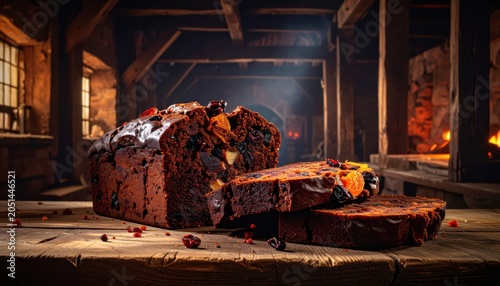 Rich Dark Fruitcake with Dried Fruits and Nuts, Moist Texture, Rustic Wooden Table Setting