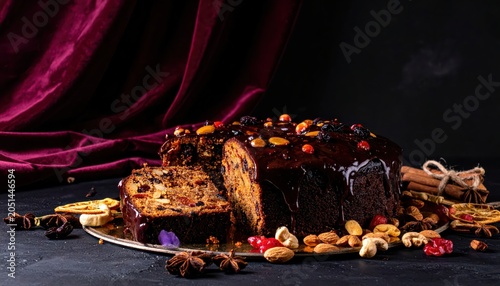 Rich dark fruitcake with glossy brandy glaze and assorted nuts, a traditional holiday dessert