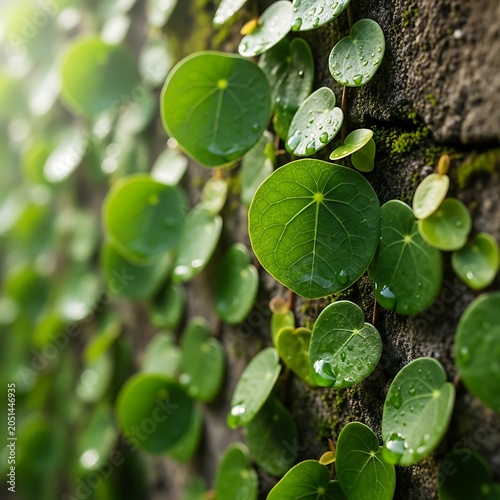 Green leaves on stone wall