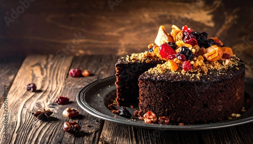 Rich dark fruitcake with rustic topping served on a vintage platter with scattered dried fruits on a wooden table