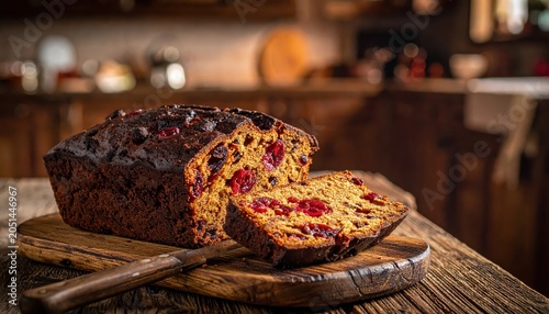 Rich, dark fruitcake with prominent glace cherry pieces on a rustic wooden board