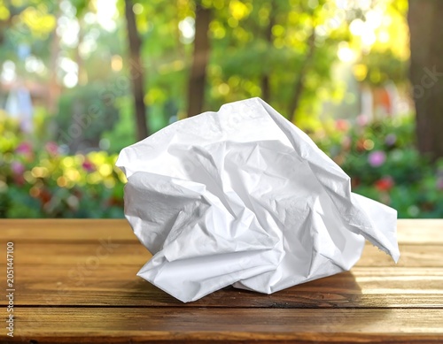 A crumpled white paper on a wooden table outdoors