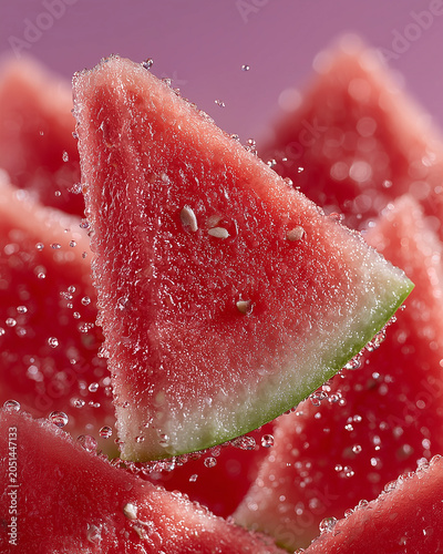 Watermelon sliced floating in the air with seeds visible, isolated on white background
