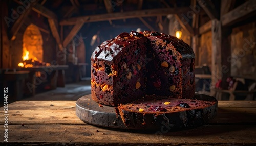 Rich dark fruitcake with visible fruit pieces and a slice cut from the whole loaf, presented on a wooden surface indoors
