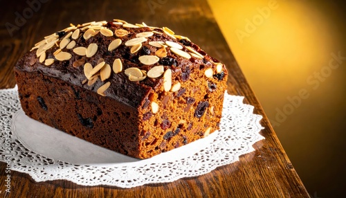 Rich dark fruitcake with visible brandy-soaked raisins and chopped almonds on a white doily