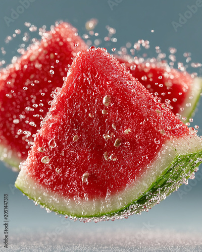 Watermelon sliced floating in the air with seeds visible, isolated on white background
