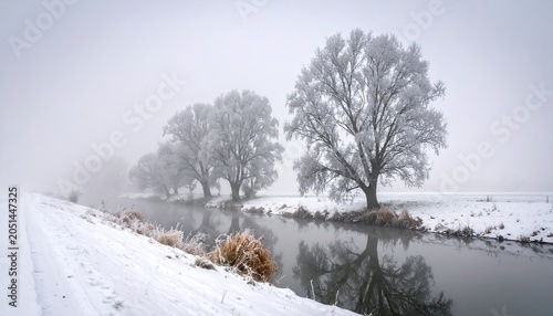 Frosty trees reflected in calm river under a misty sky, with snow-covered ground alongside
