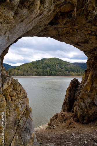 Bild auf Leinwand Tsar's Gate stone arch. Krasnoyarsk reservoir. Siberia, Russia