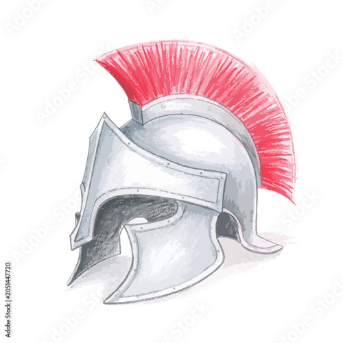 Hand drawn illustration of a classic ancient Greek Spartan warrior helmet with a red crest.