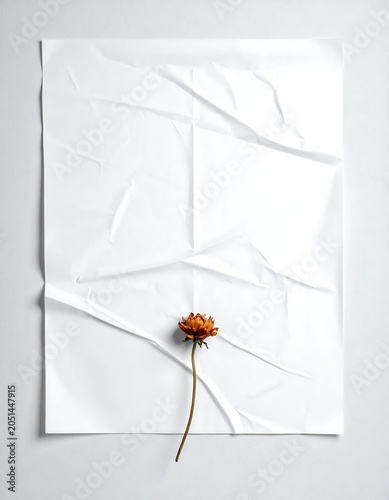 A crumpled white paper with a single orange flower on it