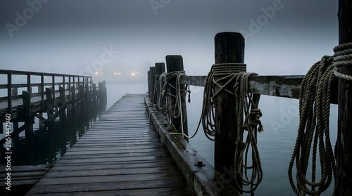 A weathered wooden pier shrouded in thick fog, leading out to the calm, misty water. Thick ropes are coiled around sturdy wooden posts, creating a sense of aged maritime charm and quiet solitude