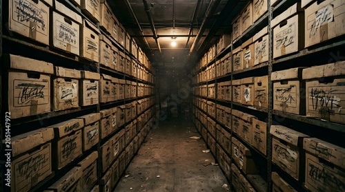Rows of old storage boxes stacked on shelves in a dimly lit archive room, creating a sense of history and mystery