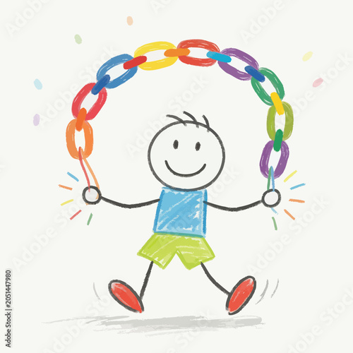 Happy stick figure child playing with a colorful rainbow chain.