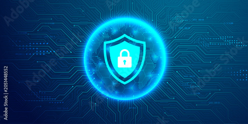 Bright blue digital shield with padlock symbol inside glowing globe on dark circuit board background.