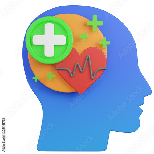 3D Render of Mental Health and Wellbeing Concept with Brain Heart and Medical Cross for mental icon 