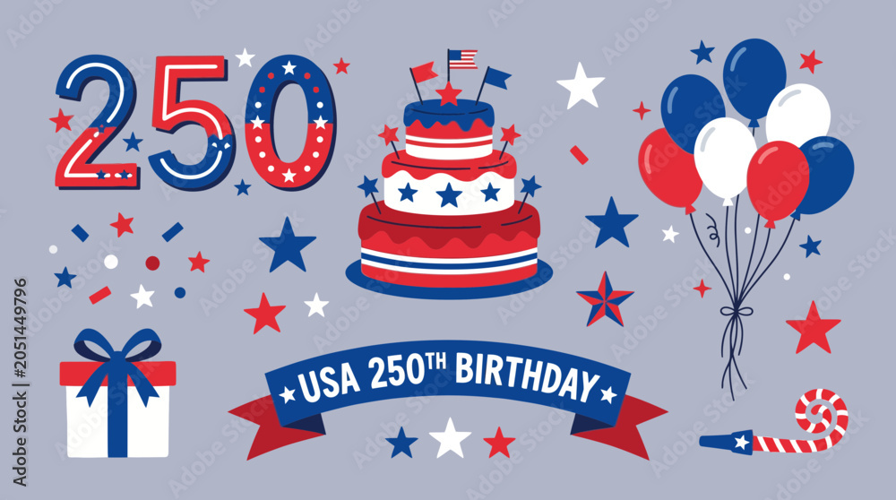 Obraz premium Decorative vector illustration set featuring a multi tiered cake balloons gift box and typography for the united states anniversary celebration