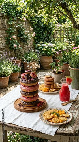 Donut tower with watermelon juice