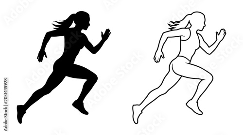 Running woman silhouette and line art on white background