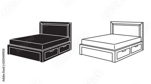 Fotografija Bed Frame With Drawers Black And White Line Art Illustration
