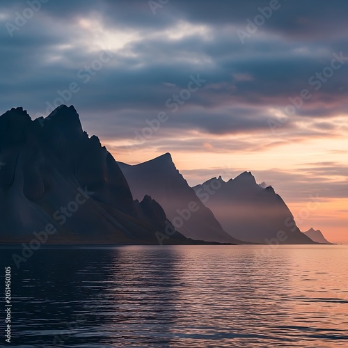Sunset over calm water and mountains