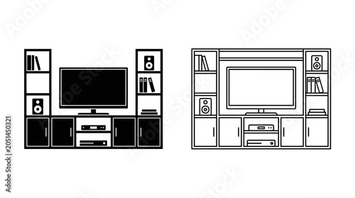 фотографія Entertainment Center Line Art Black And White Versions Depicted
