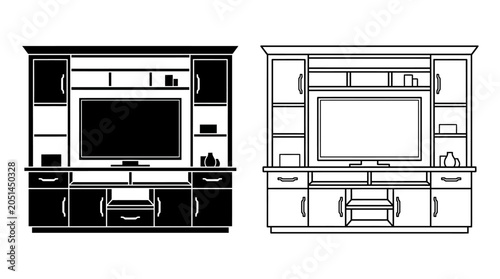 Fotografie Entertainment center outline with television shelving and cabinet storage