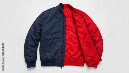 A reversible jacket lying on a plain surface, one side blue and the other red.