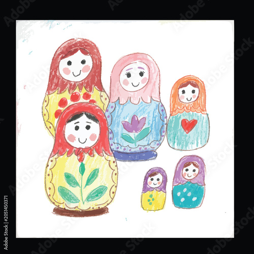 Colorful hand drawn illustration of traditional Russian matryoshka nesting dolls.