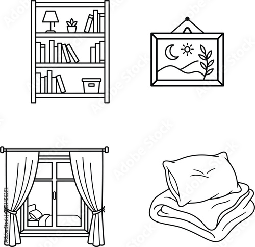 Foto line drawing of a bookshelf a picture a window and a stack of blankets