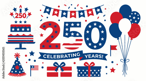 Quadro su tela Patriotic vector illustration featuring a large number two hundred fifty with ce