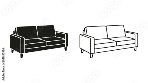 Schilderij op canvas Two seater Sofa Silhouette And Outline Black And White Illustration