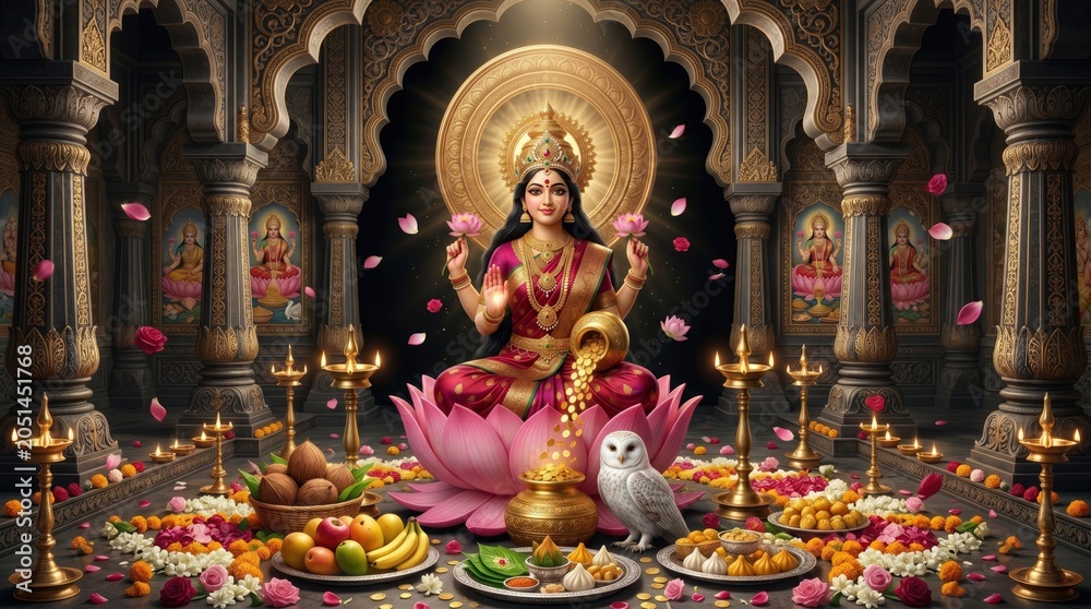 Fototapeta premium Goddess lakshmi sitting on lotus flower with golden coins and owl in ornate temple for diwali celebration traditional indian deity worship scene with oil lamps and festive offerings of fruits sweets