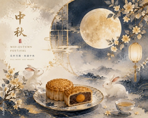 Elegant Mid-Autumn Festival watercolor illustration featuring traditional mooncakes, full moon, lantern, blooming flowers, tea, and white rabbits in a luxurious Chinese cultural celebration scene.