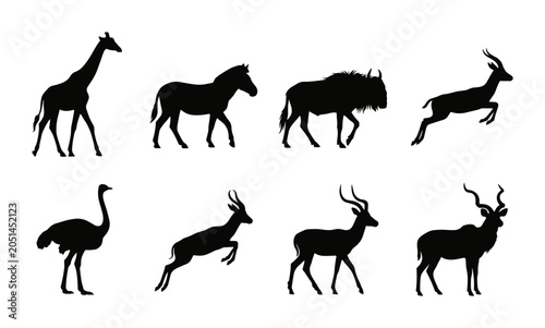 Canvas Print African Wildlife Silhouettes: Giraffe, Zebra, Wildebeest, Ostrich, Antelope Coll