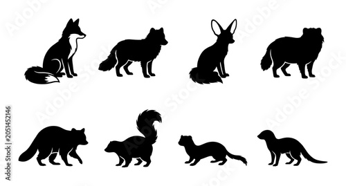 Canvas Print Forest Animal Silhouettes: Fox, Skunk, Ferret, Raccoon Vector Icons Set