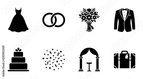 Bild auf Leinwand Wedding Icons Set: Bridal Gown, Rings, Bouquet, Tuxedo, Cake, Confetti, Arch, Su