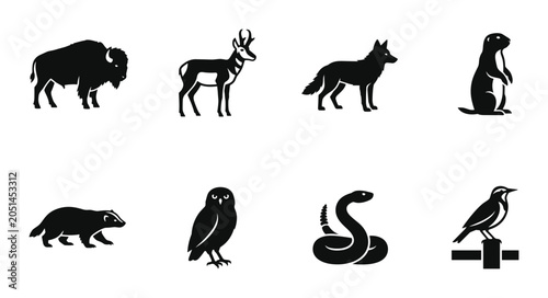 Canvas Print North American Wildlife Icons Set: Bison, Deer, Coyote, Prairie Dog, Badger, Owl