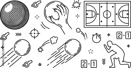 Tableau sur toile Dodgeball and Team Sports Line Icon Set with Court Player Hand Grip Throwing Whi