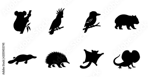 Bild auf Leinwand Australian Wildlife Silhouettes: Koala, Cockatoo, Kookaburra, Wombat, Platypus,